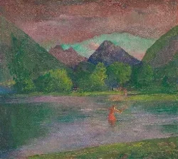 Source artwork: The Entrance to the Tautira River, Tahiti. Fisherman Spearing a Fish by John La Farge